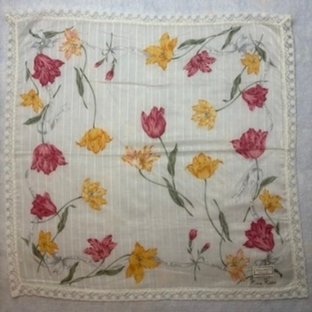 Vtg NINA RICCI Scarf Handkerchief Floral Cotton White Pink Yellow 17"